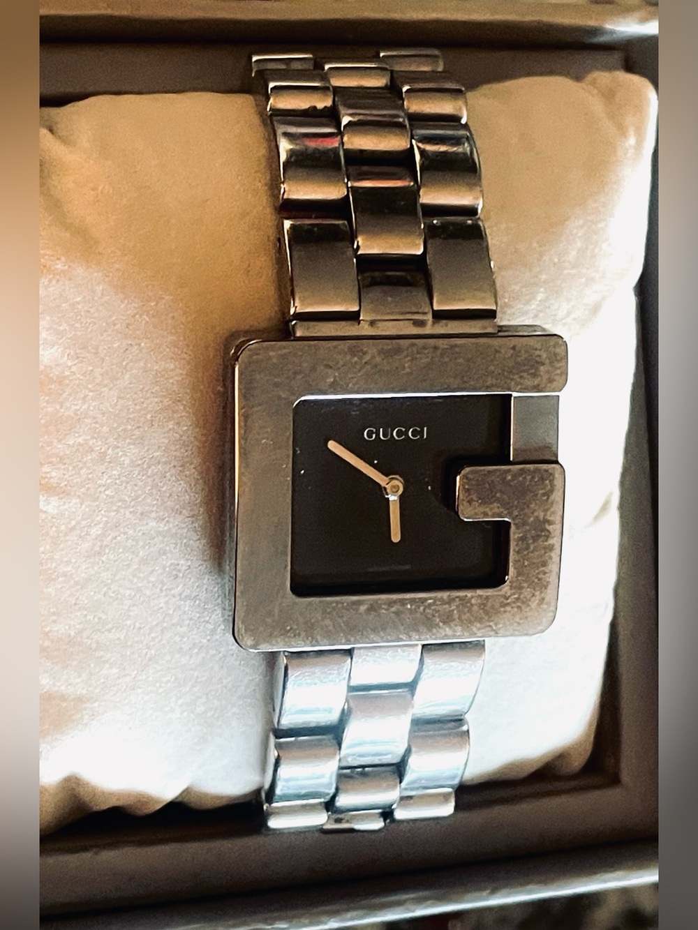 Gucci Silver-Tone G-Frame Bracelet Watch with Black Dial